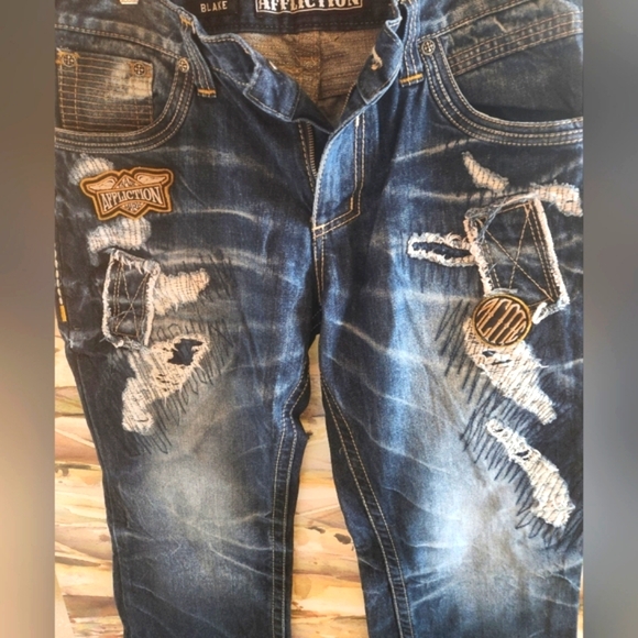 AFFLICTION Flapover BLAKE Black Premium Distressed Patches Y2k Denim Jeans 36 EC - Picture 2 of 16